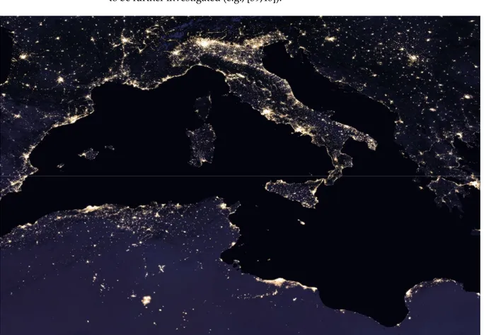 Figure 1. Portion of the NASA global map of Earth’s night lights for the Mediterranean area, as observed in 2016 (from 