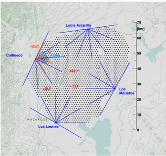 Figure 2.16: The Pierre Auger Observatory near Malargue, Argentina. The radial lines point to the fluorescence detectors (FD, 4 × 6 = 24)