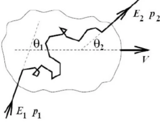 Figura 1.7. Una particella di energia E 1 e impulso p 1 collide con una nube in moto con
