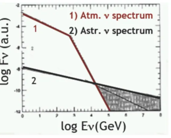 Figura 1.7: Confronto tra lo spettro dei neutrini astrofisici, e quelli atmosferici.