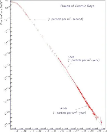 Figura 1.2: Misure dello spettro dei raggi cosmici. Le linee sono estrapolazioni di fit da misure dirette di diversi rivelatori.