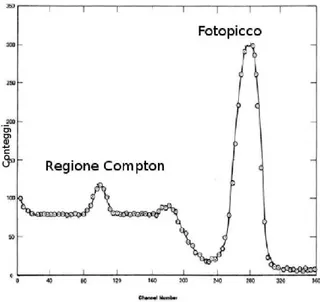 Figura 1.3: Rappresentazione schematica di uno spettro tipico di una sorgente di fotoni monoenergetici [3].