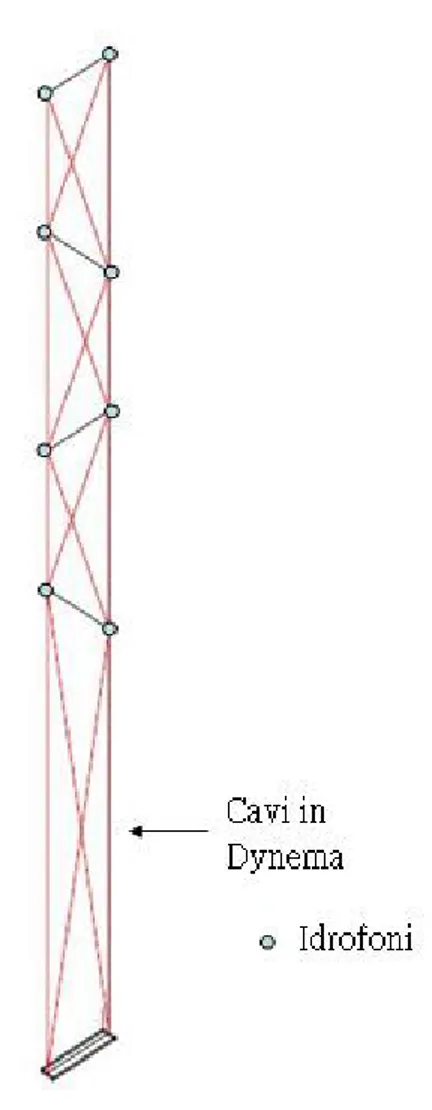 Figura 2.2: Rappresentazione della torre semirigida con indicate le posizioni degli idrofoni.