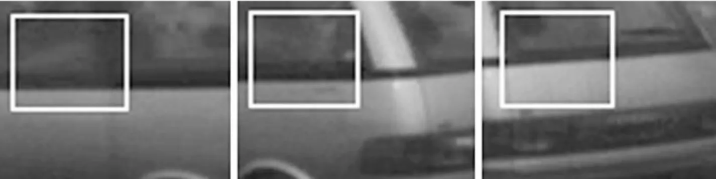 Figura 9: 3 immagini prese da un video, rispettivamente al tempo t, t+1 e t+2. Osservando il rettangolo interno  concluderemmo che l'auto sta avanzando, in realtà l'auto sta svoltando a sinistra