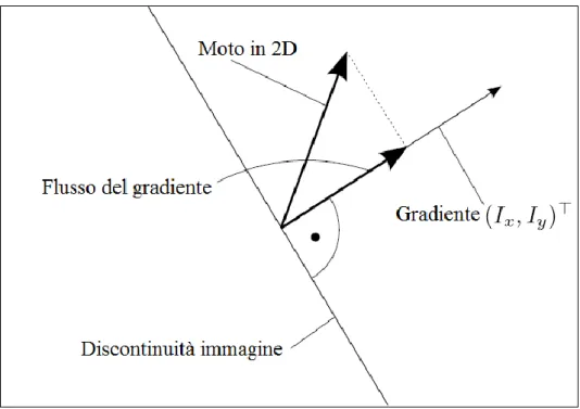 Figura 10: Gradiente di flusso. Il vero moto in 2D va verso l'alto con una certa angolazione, ma il moto che vediamo è  dato dalla proiezione del moto vero, sul vettore del gradiente.