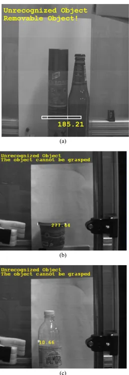 Fig. 10. Examples of the detection of unknown objects. (a): detection of an  unknown object whose dimension are compatible with the gripper; (b) and (c): 