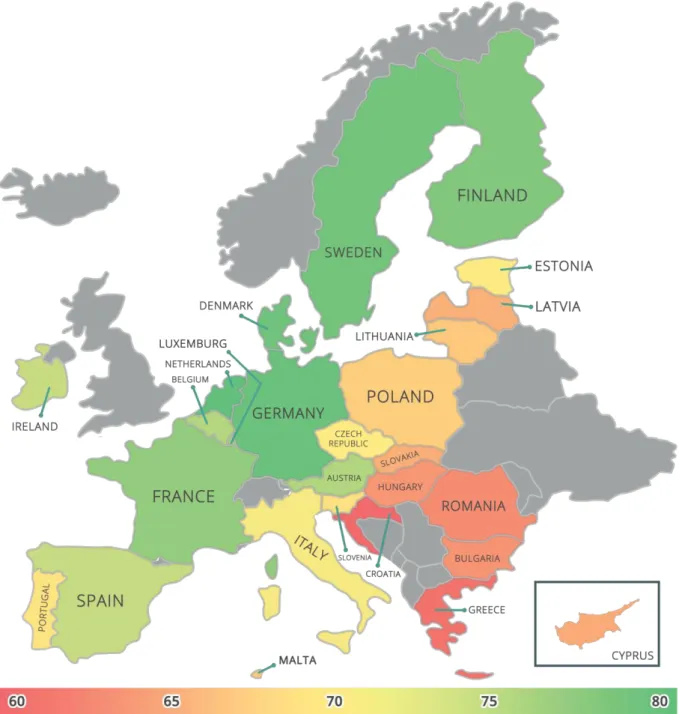Figure 3. Map of Europe where European Union countries are colored according to their GCI  4.0 score