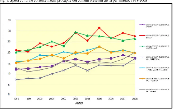 Fig. 1: Spesa culturale corrente media procapite dei comuni bresciani divisi per ambito, 1998-2008 