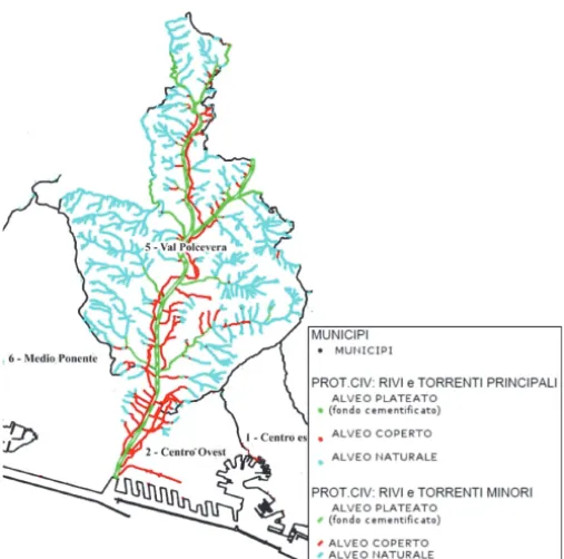 Fig. 1 - Il bacino idrografico del torrente Polcevera nei municipi 5, 6 e 2 del comune di  Genova (rielaborazione grafica dell’autrice dal Geoportale del Comune di Genova) 
