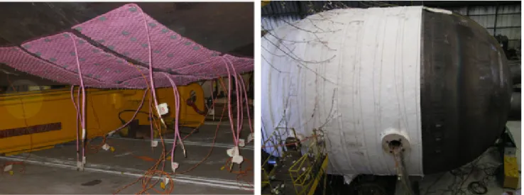 Figure 1: Heating panels attached onto the lower part of a pressure vessel in correspondence of the circumferential weld to be PWH  Treated (left); mineral insulating fibers shielding the whole zone to be heat treated (right) 