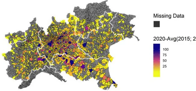 Figure 1: Spatial distribution of cumulative excess deaths in sample municipalities, Northern Italy, January 1st – April 4th 2020 