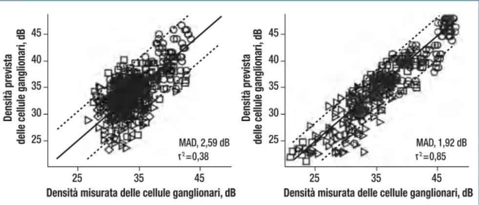 Figura 1. Relazione tra densità delle cellule ganglionari e sensibilità visiva. 