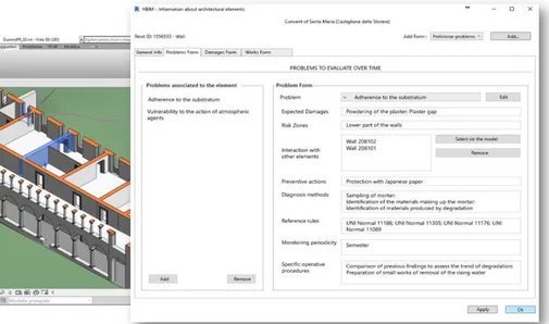 Fig. 7. Example of access to database inside Revit environment. The form refers to the evaluation of the pathologies that can affect the object