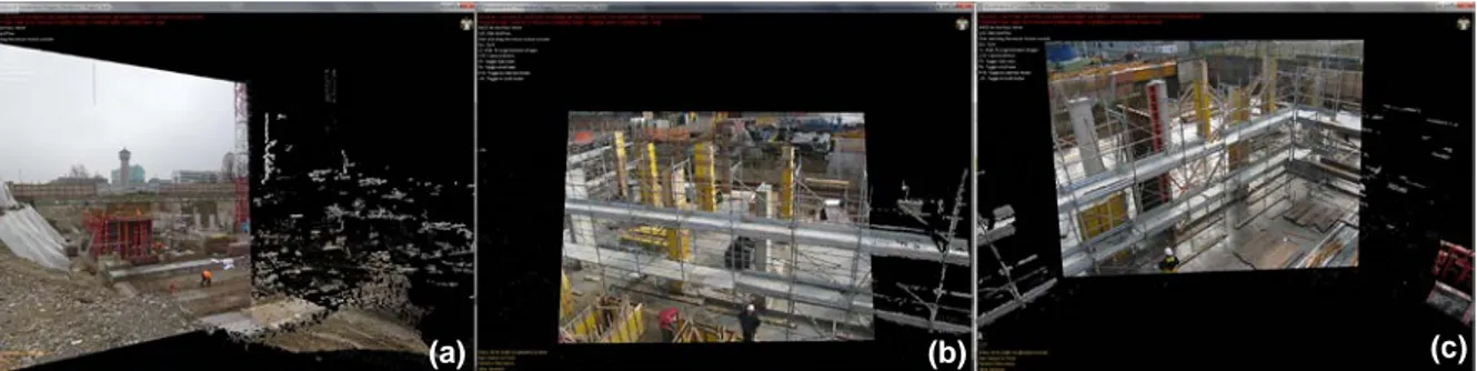 Figure 5: (a) Image-based 3D reconstruction of the building substructure with 30 4-megapixel images;  (b) and (c) 3D point cloud models generated with 20 3-megapixel images highlighting the formwork  and temporary scaffolding