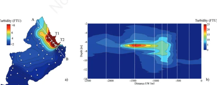 Fig. 7. Spatial distribution of turbidity (FTU units) measured on the 05/07/2012 between 6-8 m of depth (a) and along a cross-section AB (b)