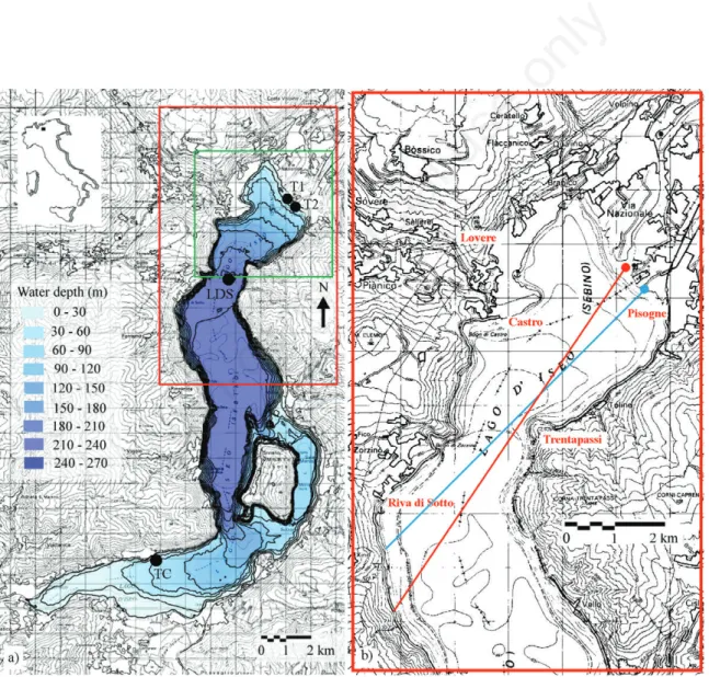 Fig. 1. Geographical setting of Lake Iseo, along with its bathymetry, represented with isodepth lines at 30 m spacing (a)
