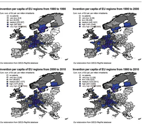 Fig. 5 Patent intensity per capita by region based on the cumulative number. Note: Inventions in European regions are based on EU patents involving at least one EU inventor