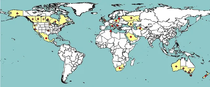 Figure 1:   Global distribution of Clavibacter michiganensis subsp. insidiosus [extracted from EPPO  PQR (2014, version 5.3.1), accessed on 4 July 2014]