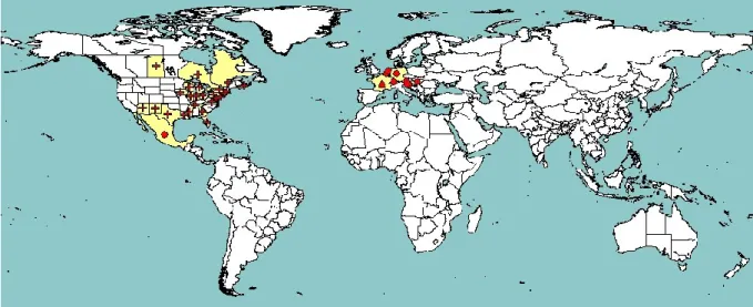 Figure 1:   Global  distribution  of  Rhagoletis  cingulata  (extracted  from  EPPO  PQR,  version  5.3.1, 