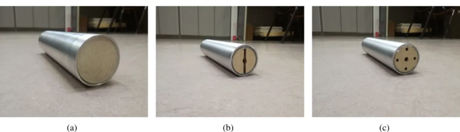 Figure 3: Tested samples: (a) glasswool; (b) glasswool + milled panel; (c) glasswool + drilled panel