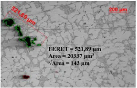 Fig. 2: metallographic analysis. Comparison between Feret diameter and √area for the same shrinkage porosity cluster