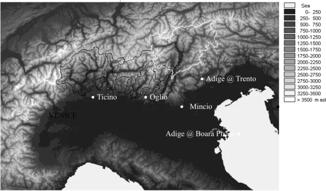 Figure 1.    The outlet of the investigated basins, in northern Italy: for the Adige at Trento (9763 km 2 )  data 