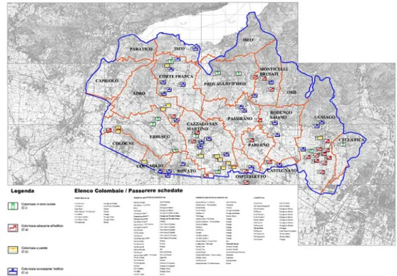 Fig. 1. Mappa (CTR)  dell’area della  Franciacor-ta con la localizzazione  delle torri colombaie  schedate (elaborato  grafico di L