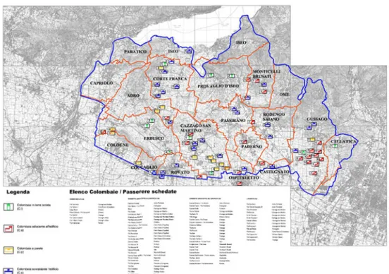 Fig. 1. Map (CTR) of  the Franciacorta area  with localization of the  dovecote towers (graphic  elaboration by L