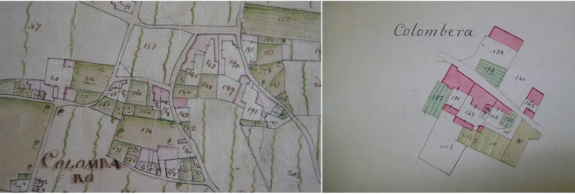 Fig. 2. Details of the  Napoleonico Cadastre in  which there are the  “Co-lombera ” or “Colombaro”  toponym.