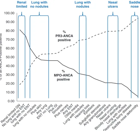 Table 1.3 shows data from the same patient cohort used in Fig. 1.6 [4, 37]. In  the Southeastern USA, 81% of ANCA-positive RLV patients have MPO-ANCA,  whereas 74% of GPA patients have PR3-ANCA. MPA patients have a more equal  distribution of serotypes