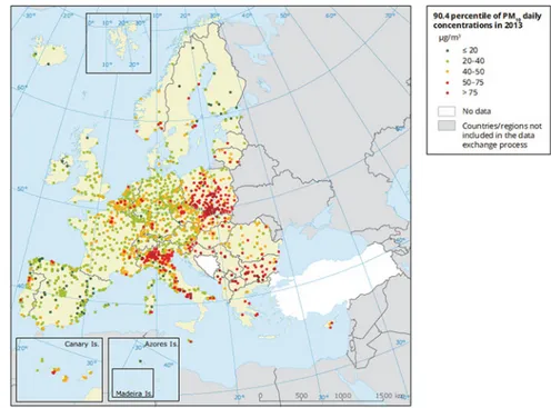 Fig. 1.2 Geographical distribution of the 36-th highest PM10 daily value (source EEA 2015 )