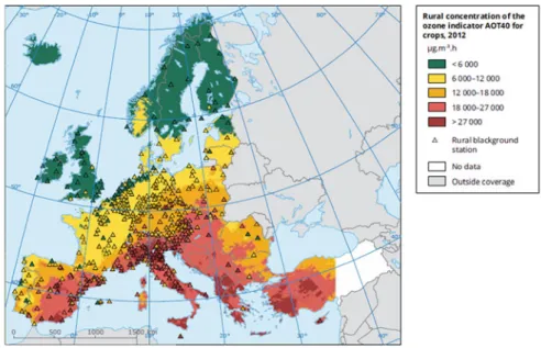 Fig. 1.3 Geographical distribution of AOT40, an indicator of air quality impacts on crops (source EEA 2015 )