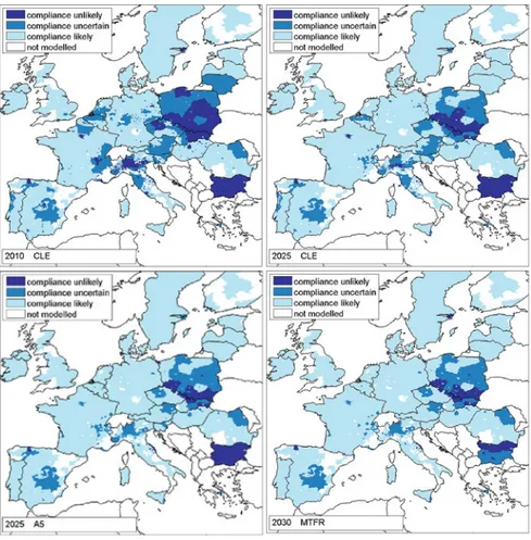 Fig. 1.6 Evolution of PM10 compliance according to GAINS results (source Amann 2013 )1Air Quality in Europe: Today and Tomorrow 7