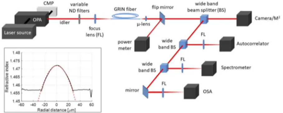 Fig. 1. Schematic of the experimental setup and measured index profile of the GRIN fiber