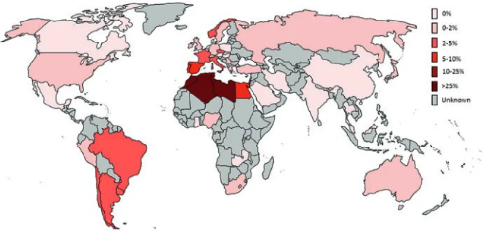 Fig.  1.1  Rough  estimates  of  worldwide  G2019S  prevalence  in  PD  patients  (familial  and 