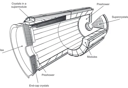 Figure 1. Layout of the CMS ECAL, showing the barrel supermodules, the two endcaps and the preshower detectors