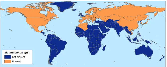 Figure 4:   World distribution of Monochamus spp. based on countries reported in tables 6 and 7