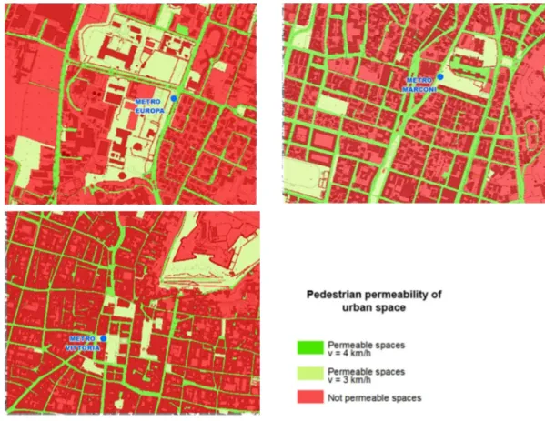 Figure 2 presents the permeability map of the urban space surrounding the three metro  stations, assigning each cell of the grid a pedestrian permeability value and the related  crossing speed