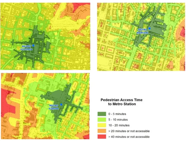 Figure 3 presents the resulting maps, in terms of pedestrian access time to each metro  station