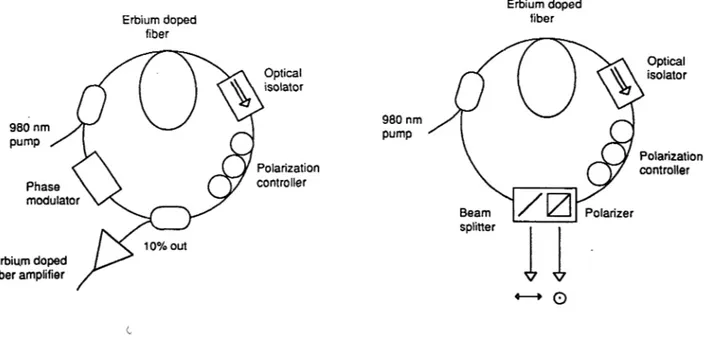 Figure 1: Schematic  of  active and passive polarization mode-locking with erbium doped fiber ring  lasers