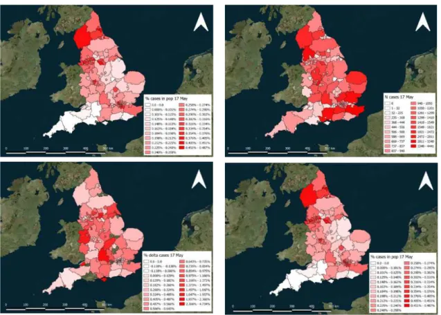 Fig. 12 Example of maps at national level in which different data about the epidemic in England are highlighted