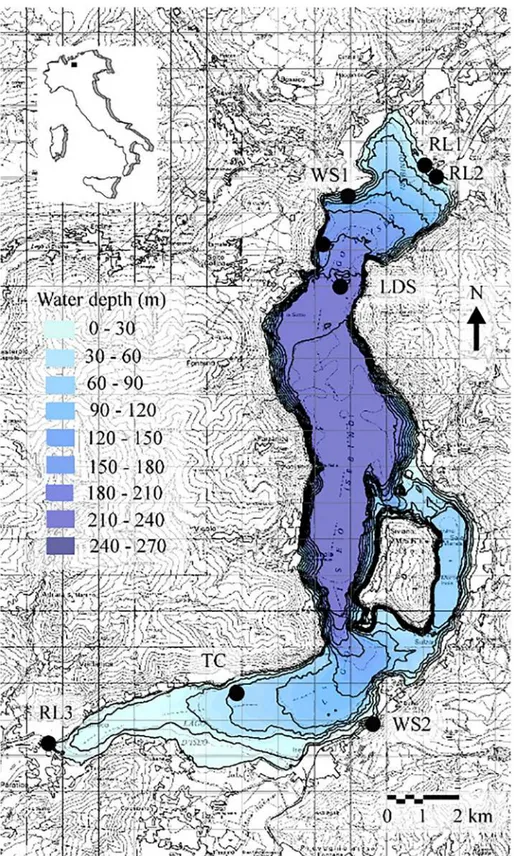 Figure 6. Lake Iseo, with bathymetry and observation stations. Details of the deployment of the measurement stations are described in Pilotti et al