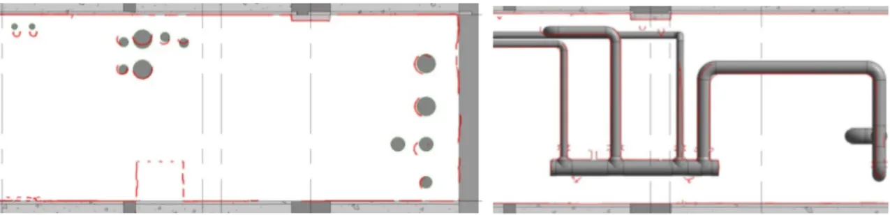 Figure 6: Two vertical cross-sections visualizing the comparison between the scanned data and 3D model  for the 2 nd  basement
