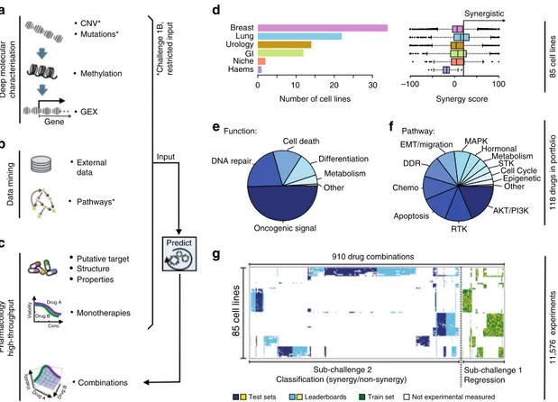 Fig. 1 Drug combinations and cell lines pro ﬁled. a Molecular characterization of the cell lines included genetics, epigenetics, and transcriptomics