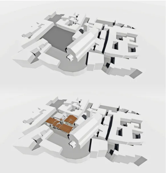 Fig. 8. Digital reconstruction  of the lost area: above the  current square, below the  old destroyed urban fabric  (graphic elaboration by N