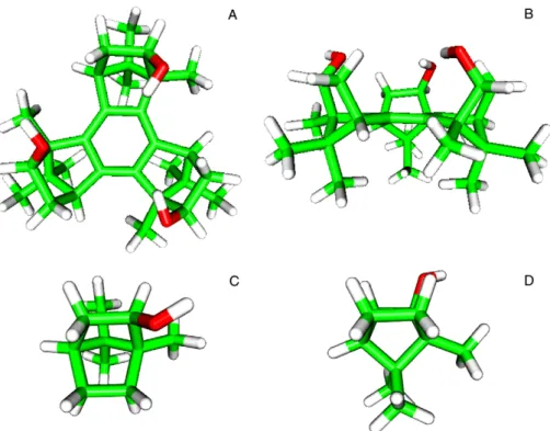 Fig. 1. Stick representation of benzotriborneol (BTB) and borneol molecules. Upper row: top (A) and front (B) views of BTB