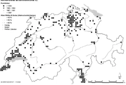 Figure 2:   Ambrosia artemisiifolia distribution in Switzerland updated in December 2003