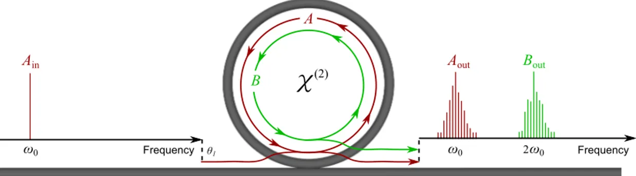 FIG. 1. Schematic example of the system under study. A ring resonator with a χ (2) nonlinearity is driven with a cw field A