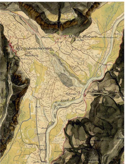 Figure 1. A detail, close to the Noce-Adige  rivers junction, north to Trento, of the map of  the “Second Military Survey”, also named 