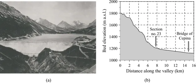 Figure 1 (a) The old Cancano dam viewed from downstream (from ANIDEL 1953). (b) Longitudinal profile of the 